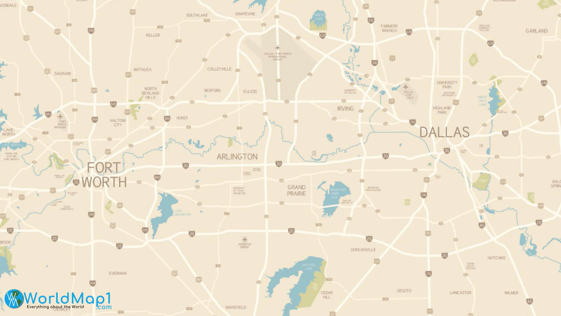 Fort Worth and Dallas Map in Texas